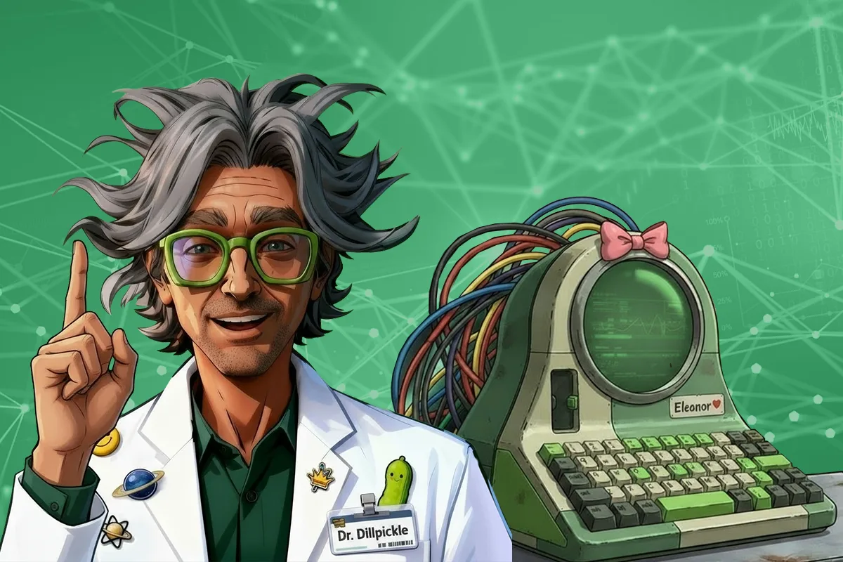 Dr. Dillpickle raises a finger beside Eleanor, a retro AI computer with a pink bow, against a green network of AI connections